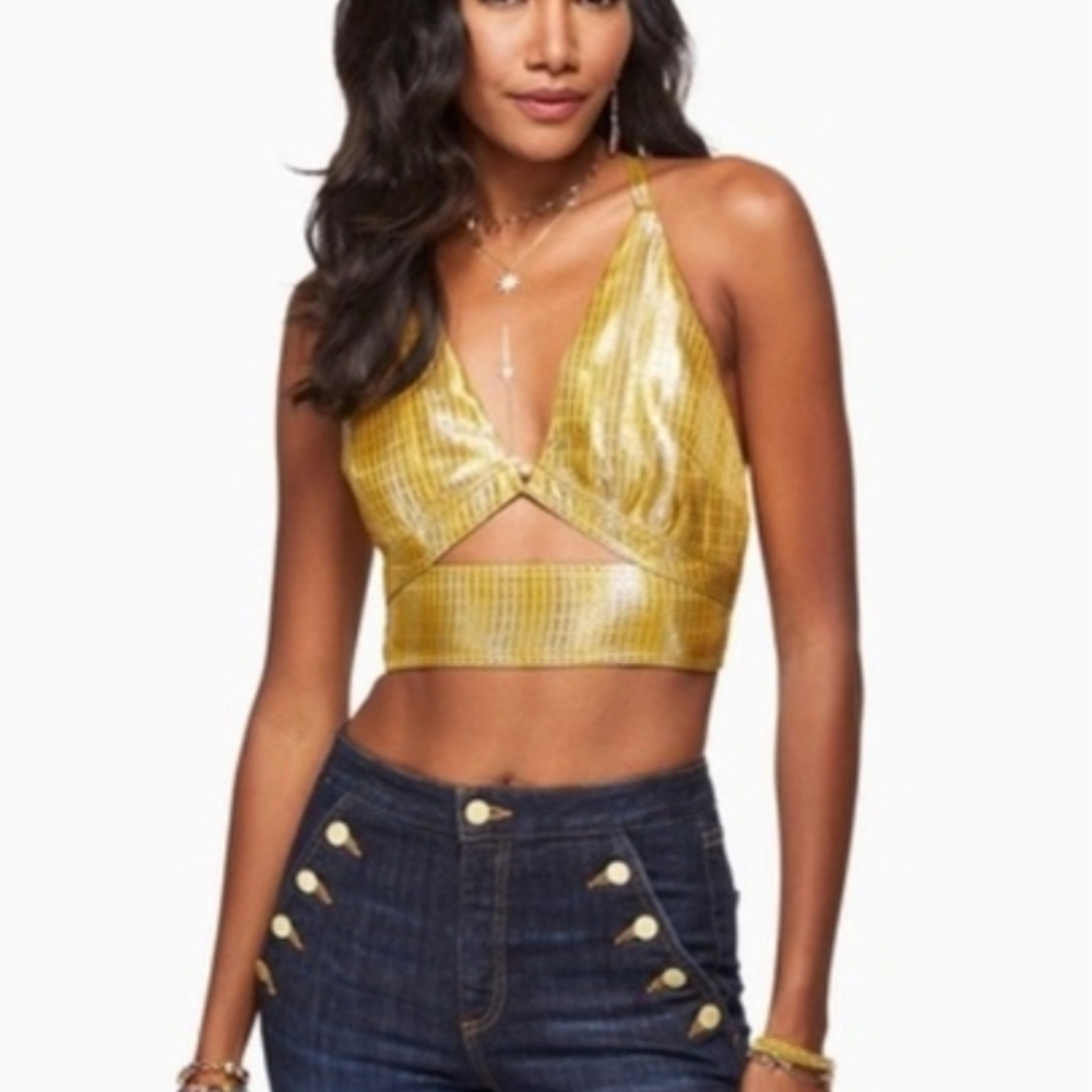 Ramy Brook Metallic Gold V-Neck Cutout Crop Top